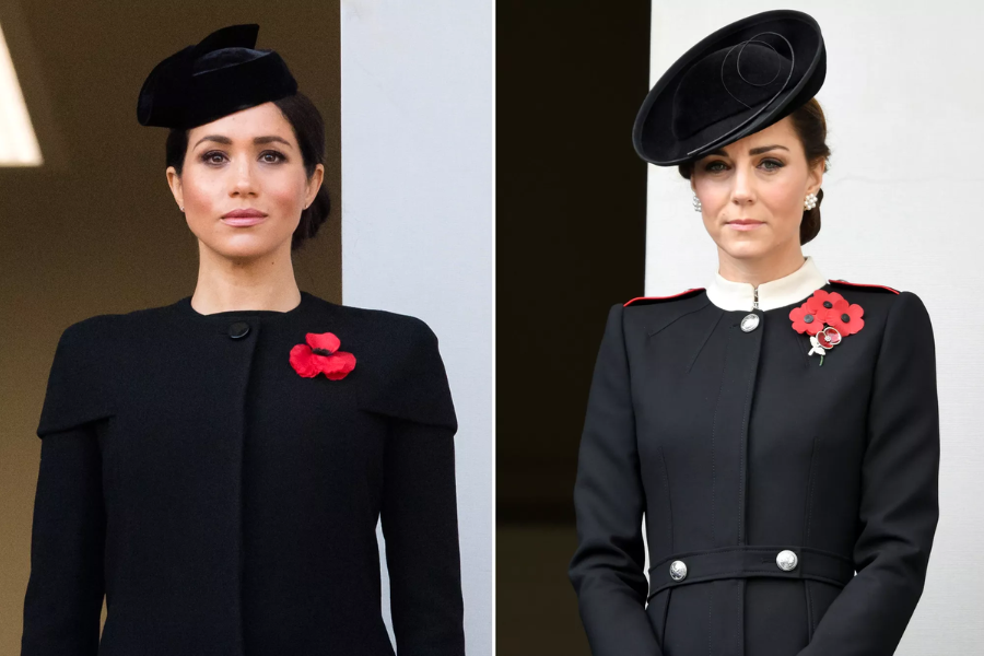 Side-by-side portraits of two women dressed in formal black attire with red poppy pins for Remembrance Day. On the left, a woman wears a sleek black coat with a double poppy pin and a tilted black hat. On the right, a woman wears a structured black coat with a white collar and three red poppy pins, topped with a circular black fascinator.