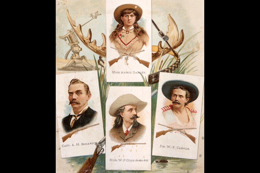 Colorful vintage illustration featuring portraits of four famous Wild West performers: Miss Annie Oakley, Capt. A. H. Bogardus, Hon. W. F. Cody (Buffalo Bill), and Dr. W. F. Carver. Each is shown with a firearm, and the collage includes crossed rifles, antlers, and a mounted target in the background.
