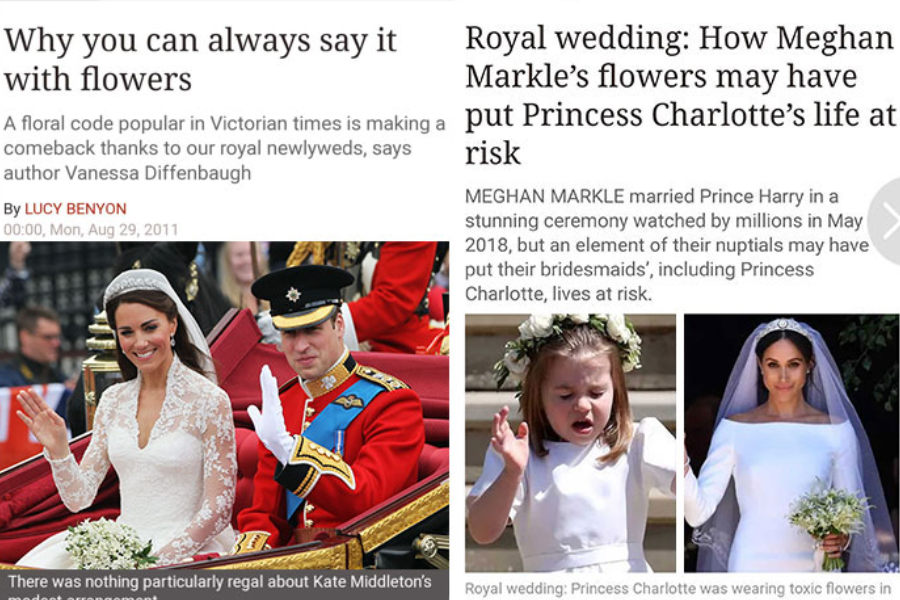 Side-by-side comparison of two media headlines reflecting contrasting tones about royal weddings and flowers. On the left, a positive headline praises Kate Middleton for reviving a Victorian floral tradition, accompanied by a photo of her smiling in a carriage with Prince William. On the right, a critical headline suggests Meghan Markle’s wedding flowers may have endangered Princess Charlotte, alongside photos of Charlotte with a flower crown and Meghan holding her bouquet.