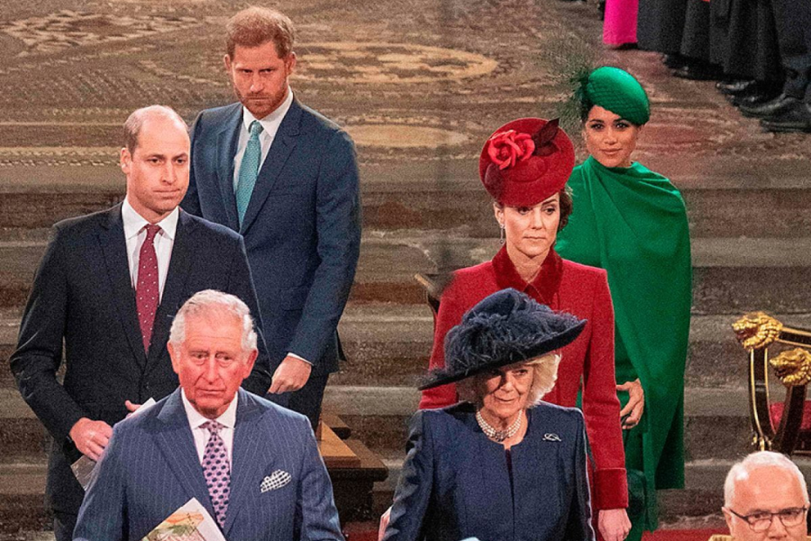 A group of royals walk in a formal procession inside a grand venue. In the foreground, a man in a pinstripe suit and a woman in navy with a wide-brimmed hat lead the group. Behind them, a woman in a red coat and dramatic hat, followed by a woman in a vibrant green cape and matching hat. Two men in suits follow behind, one in a teal tie and the other in a red polka-dot tie.