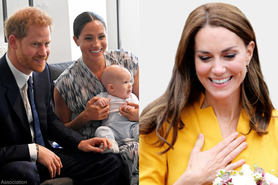 Split image featuring two scenes. On the left, a smiling couple sits closely with their baby; the woman holds the child while the man leans in, all dressed in semi-formal attire. On the right, a woman in a vibrant yellow dress places a hand over her chest, smiling warmly as she looks down.