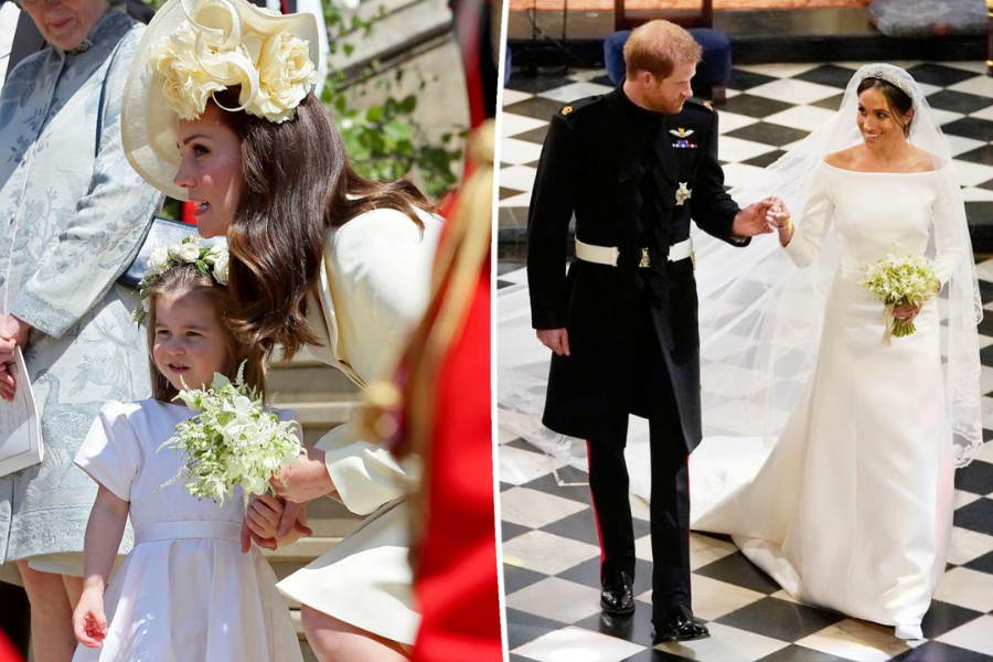 Split image of two wedding day scenes. On the left, a woman in a pale yellow dress and large floral hat crouches beside a young flower girl holding a white bouquet. On the right, a bride in an elegant off-the-shoulder gown and long veil holds hands with a man in military dress as they walk down the aisle.