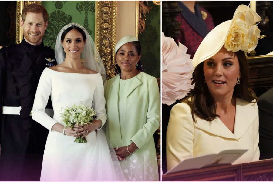 Split image from a royal wedding. On the left, a smiling couple poses with the bride's mother against an ornate green and gold backdrop—the groom in a military uniform, the bride in a sleek white gown and tiara holding a bouquet, and her mother in a pale green outfit. On the right, a woman in a cream outfit and large floral hat sits in a pew, holding a program and looking to the side.