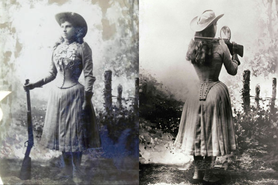 Side-by-side black and white portraits of a woman in a Western dress and hat. In the left image, she faces forward holding a rifle beside her, adorned with medals and standing confidently. In the right image, she is seen from behind aiming a rifle over her shoulder using a small mirror, showcasing a trick shot pose. Both images have similar rural backdrops with a fence and foliage.