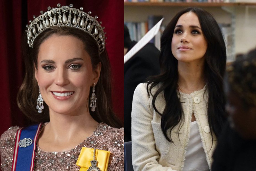Split image of two women in contrasting settings. On the left, a woman dressed in a sparkling gown with a royal sash and large diamond tiara smiles for a formal portrait. On the right, another woman wears a cream-colored textured jacket and gazes upward thoughtfully in a more casual indoor environment, possibly a classroom or public event.