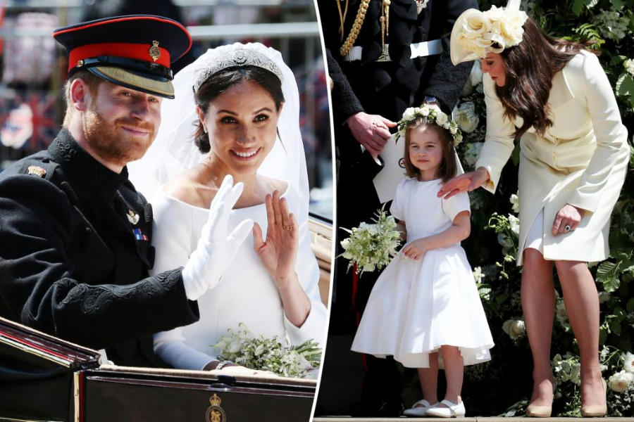 Split image showing scenes from a royal wedding. On the left, a man in a military uniform and a woman in a wedding dress and veil wave while seated in a carriage. On the right, a woman in a pale yellow outfit gently speaks to a young flower girl in a white dress holding a bouquet and wearing a flower crown.