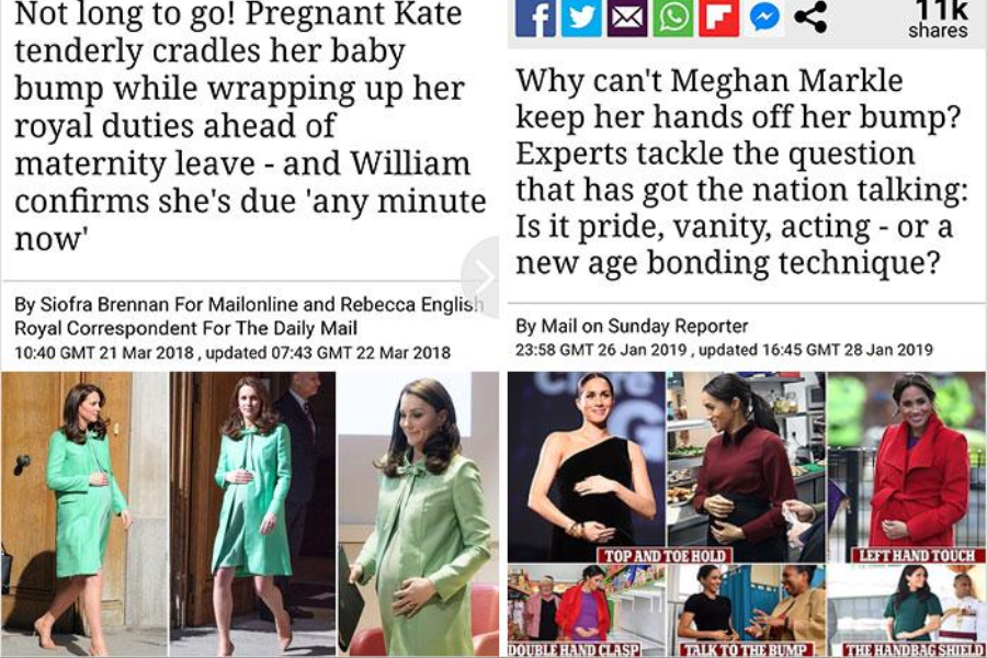 Side-by-side comparison of two news headlines and images from the Daily Mail, highlighting differing media portrayals. On the left, a headline praises Kate Middleton for cradling her baby bump during pregnancy, accompanied by images of her in a green outfit. On the right, a headline questions Meghan Markle’s repeated hand placement on her baby bump, speculating about her motives, with several images of her doing so in various outfits.