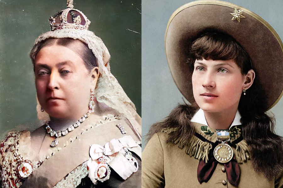 Side-by-side colorized portraits of two iconic historical women: on the left, Queen Victoria in regal attire with a crown, lace veil, and royal jewels; on the right, Annie Oakley in a Western outfit with a star-decorated cowboy hat and fringed blouse, wearing a medallion brooch at her collar.