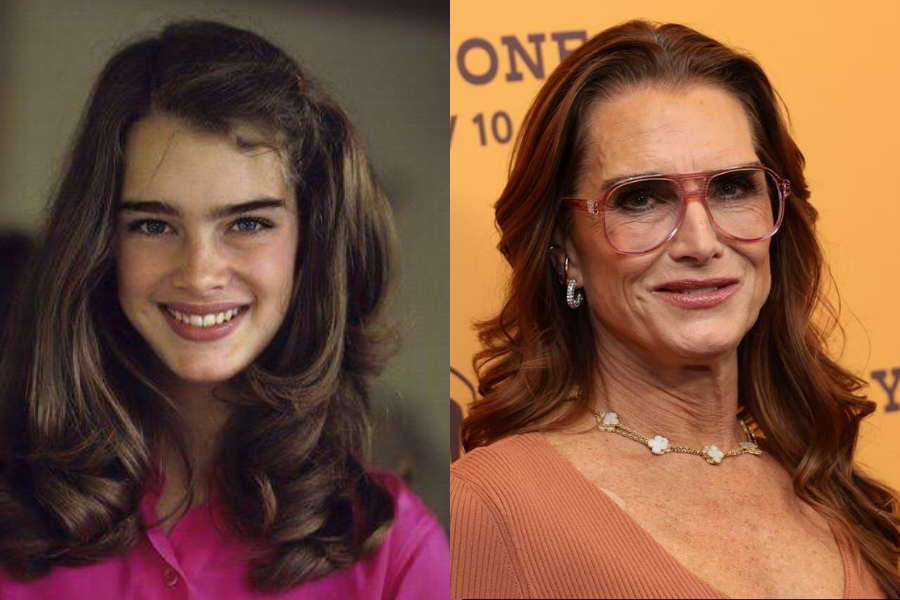 Side-by-side comparison of a woman at two different ages. On the left, she appears as a teenager with voluminous brown hair, youthful features, and a bright smile, wearing a pink top. On the right, the same woman appears older with styled auburn hair, wearing large pink glasses, a peach dress, and a pearl necklace, smiling at an event with a mustard yellow backdrop.