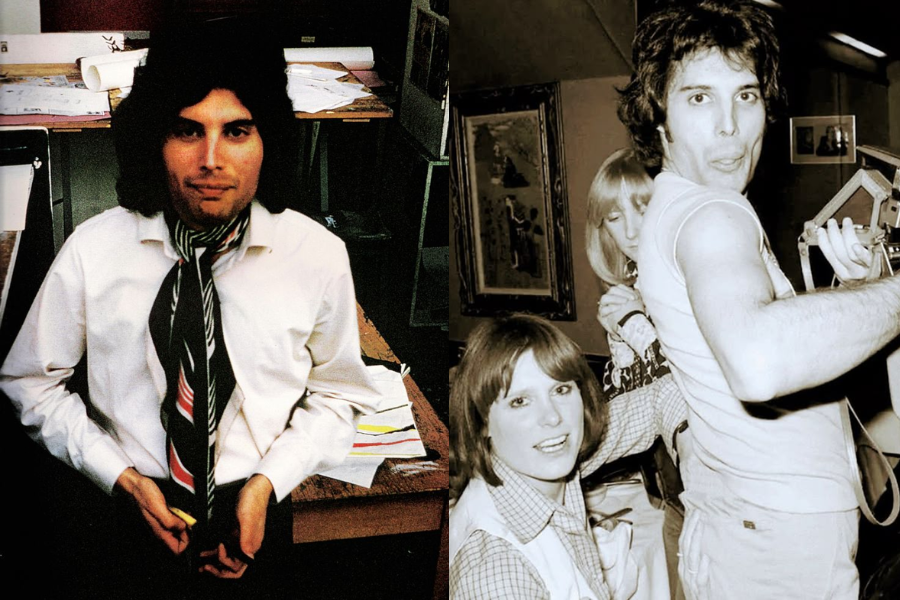 Split image showing two moments of a young man. On the left, he’s seated at a cluttered desk, wearing a white shirt and a boldly patterned tie, gazing directly at the camera with a calm expression. On the right, he strikes a playful pose in a sleeveless shirt, holding what appears to be a camera or light fixture, with two women smiling in the background.