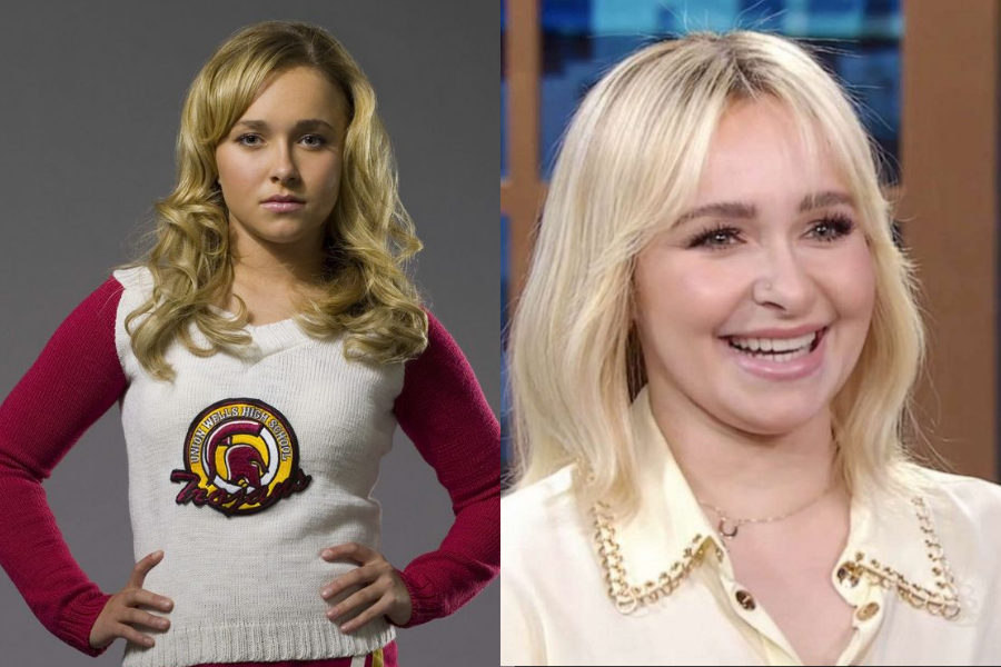 Side-by-side images of a woman at different points in her career. On the left, she appears younger in a serious pose wearing a cheerleading outfit with “Union Wells High School” and “Toros” on the front. On the right, she is older, smiling brightly with shoulder-length blonde hair and a light cream blouse embellished with gold details, appearing on a talk show set.