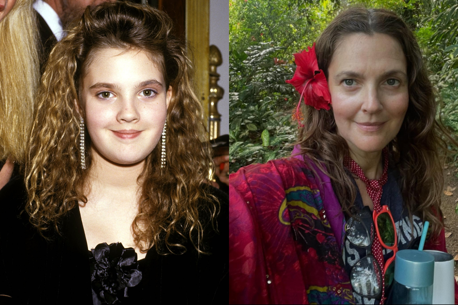 Side-by-side images of a woman as a child and as an adult. On the left, she is a young girl with voluminous curly hair, sparkling drop earrings, and a black dress with a flower accent, smiling softly at an event. On the right, she is older with natural wavy hair and a red hibiscus flower tucked behind her ear, wearing a colorful scarf and relaxed outdoor clothing, smiling in a lush green forest setting.