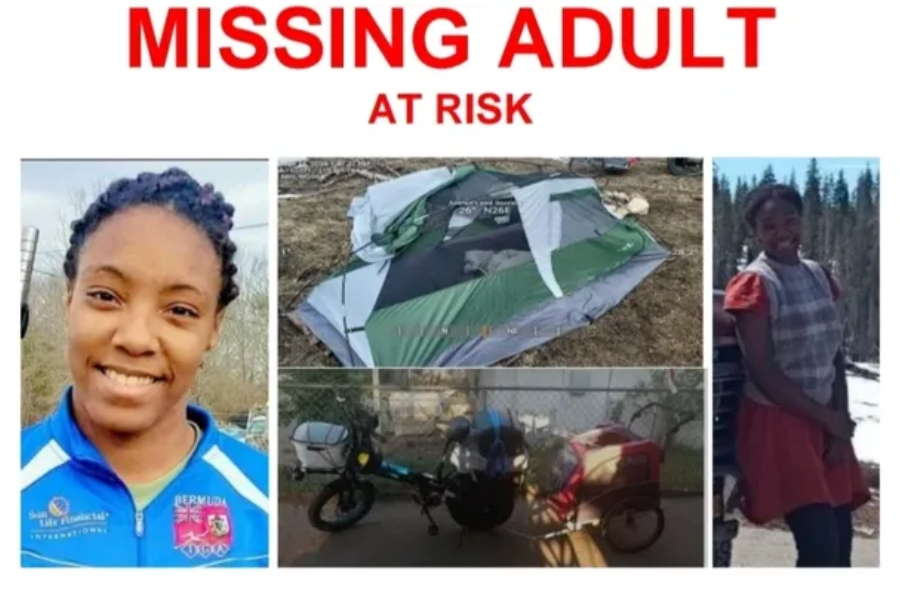 A missing person flyer with the heading "MISSING ADULT AT RISK" in bold red text. The flyer includes three photos of the missing woman in different settings: smiling in a blue sports jacket, standing in a snowy forest wearing a red and gray dress, and an image of a green and gray tent with a torn entrance. Another photo shows a blue electric bike with bags and a red pet trailer attached.