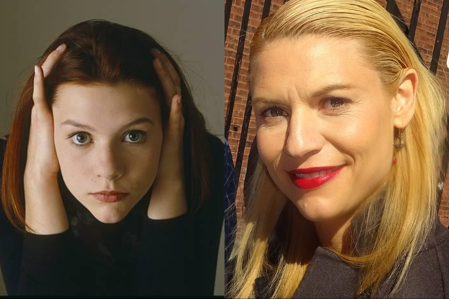 Side-by-side photos of a woman at two different ages. On the left, she is younger with reddish-brown hair, gazing wide-eyed with her hands framing her face, wearing a black top in a posed studio shot. On the right, she is older with straight platinum blonde hair, bright red lipstick, and a confident smile, taking a selfie-style photo outdoors against a sunlit brick wall.