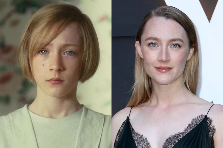 Side-by-side photos of a woman as a child and as an adult. On the left, she appears young with a short blonde bob and a serious expression, wearing a pale dress in a softly lit room. On the right, she is an adult with long, sleek blonde hair, wearing a deep green lace-trimmed gown and a natural makeup look while posing at a formal event.