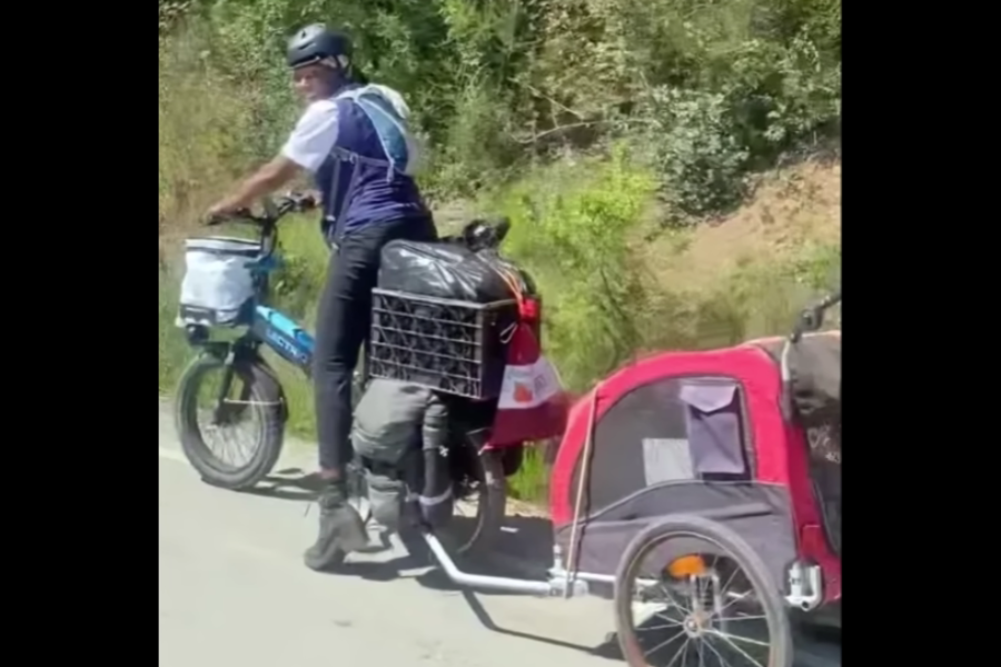 A cyclist rides a heavily loaded blue electric bike with saddlebags, a rear basket filled with gear, and a red pet trailer attached. The rider wears a helmet and hydration pack while traveling along a sunny, tree-lined road.