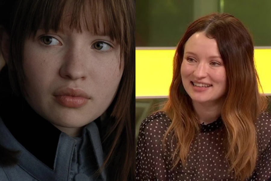 Side-by-side images of a woman as a young actress and later in adulthood. On the left, she appears as a teen with straight brown hair and blunt bangs, looking serious in a dark coat in a movie scene. On the right, she is older with long, softly wavy hair and a natural smile, wearing a sheer polka dot blouse during a talk show appearance.