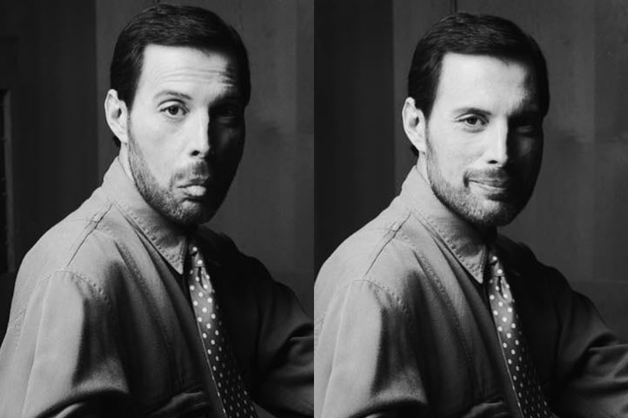 Black-and-white side-by-side portraits of Freddie Mercury in his later years. In the left frame, he pulls a playful pout, while in the right frame, he offers a soft, knowing smile. He wears a polka dot tie and button-up shirt, his expression shifting between whimsy and quiet elegance.