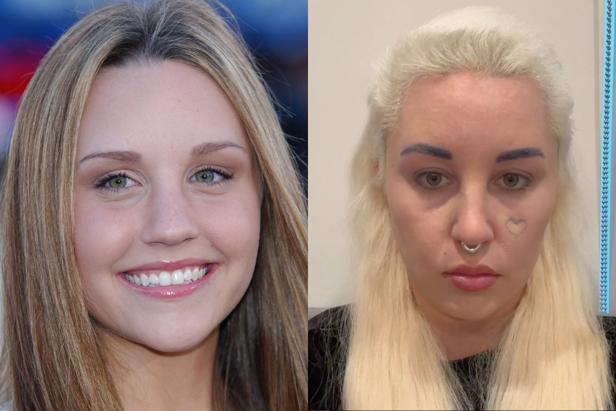 Side-by-side images of a woman in her youth and later years. On the left, she appears as a smiling young actress with sleek, light brown hair and minimal makeup at a red carpet event. On the right, she looks significantly different with bleached blonde hair, blue-dyed eyebrows, a septum piercing, and a heart tattoo under one eye, staring directly at the camera in a more somber and unfiltered portrait.