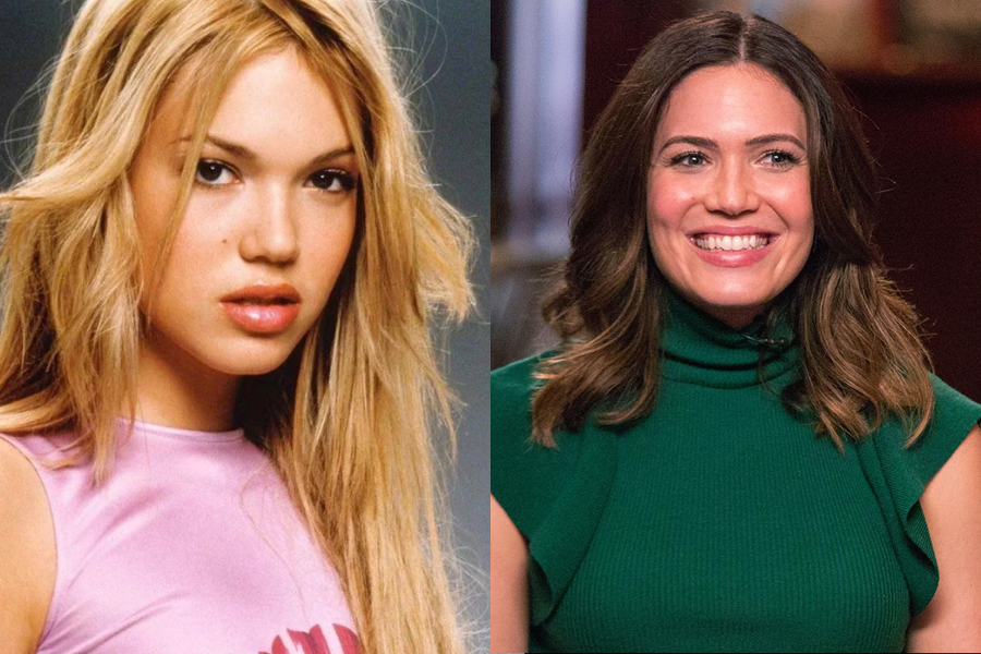 Side-by-side images of a woman as a young pop star and as an adult. On the left, she is in her teen years with long, tousled blonde hair and a serious expression, wearing a light pink tank top in a posed studio shot. On the right, she is grown up with dark, shoulder-length wavy hair, smiling warmly in a green sleeveless turtleneck during a talk show appearance.
