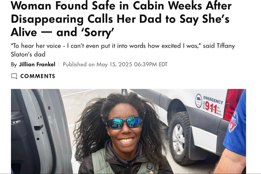 Screenshot of an online news article with the headline: “Woman Found Safe in Cabin Weeks After Disappearing Calls Her Dad to Say She’s Alive — and ‘Sorry.’” Below the headline is a quote from her father expressing joy. The photo shows the smiling woman wearing reflective sunglasses and a vest, standing beside an emergency response vehicle.