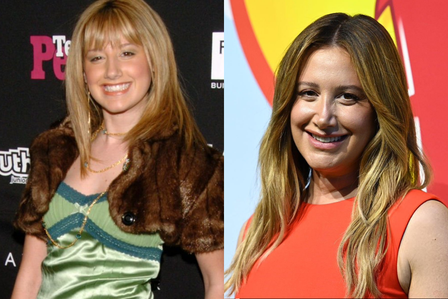 Side-by-side photos of a woman at different ages. On the left, she is younger with straight blonde hair and bangs, smiling in a green satin dress with a brown cropped jacket at a red carpet event. On the right, she is older with longer, wavy blonde hair, wearing a sleeveless bright coral dress and smiling at a colorful step-and-repeat backdrop.