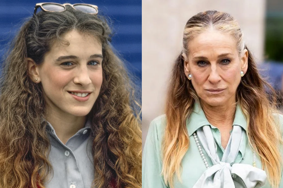 Side-by-side images of a woman in her youth and adulthood. On the left, she is younger with long curly brown hair, wearing a grey collared shirt and red cardigan, smiling with sunglasses on her head. On the right, she is older with sleek, center-parted hair pulled back, wearing pearl earrings and a pale green blouse with a bow and strand of pearls, posing with a serious expression outdoors.