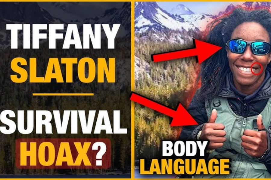 A split-screen graphic featuring bold text on the left that reads, “TIFFANY SLATON SURVIVAL HOAX?” in white, yellow, and red fonts. On the right is an image of a smiling woman wearing reflective sunglasses and a vest, giving two thumbs up, with large red arrows and a red circle pointing to her glasses, smile, and hands. Text at the bottom right reads “BODY LANGUAGE.”