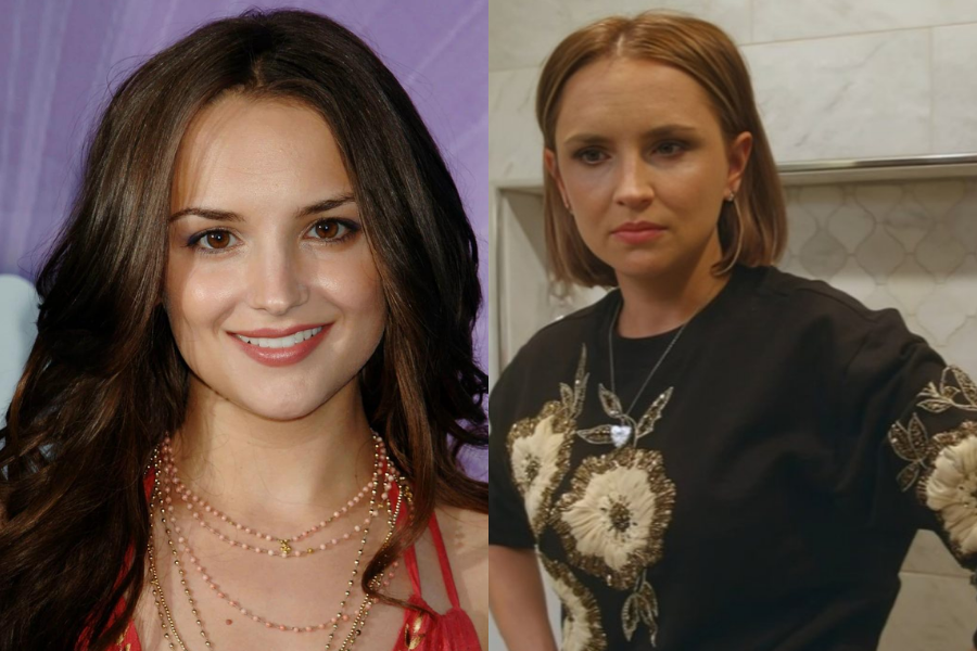 Side-by-side photos of a woman in her youth and adulthood. On the left, she is younger with long, dark brown wavy hair, wearing layered pink and gold beaded necklaces and a red strappy top, smiling warmly. On the right, she is older with a sleek chin-length bob, a more serious expression, and wearing a black top with gold floral embroidery in a tiled indoor setting.