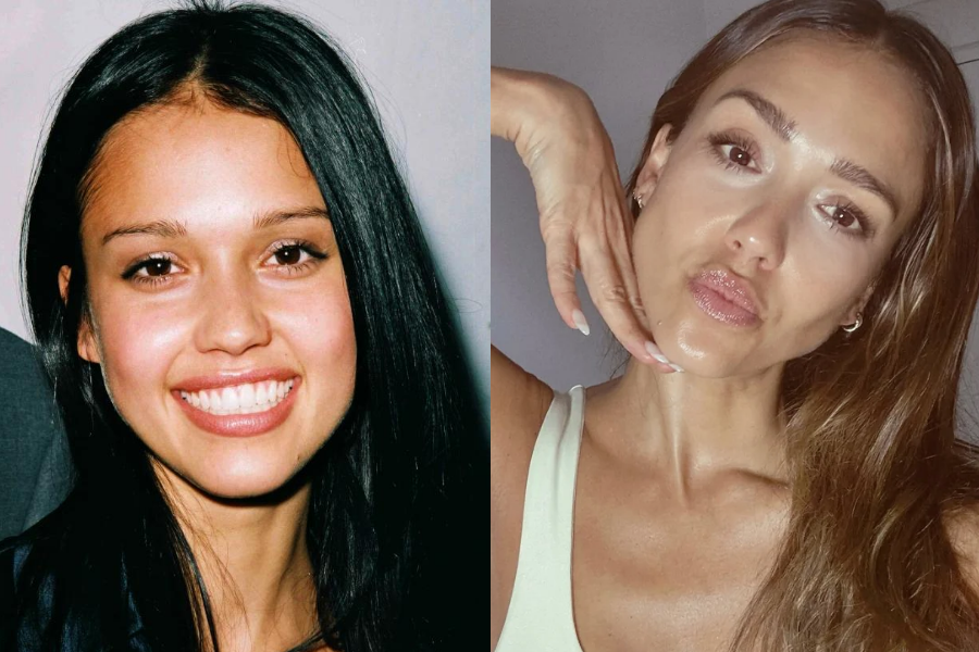 Side-by-side photos of a woman at different stages in life. On the left, she is younger with straight black hair, a bright smile, and natural makeup, wearing a black outfit at what appears to be an event. On the right, she is older with glossy light brown hair, glowy skin, and a playful pout while posing for a close-up selfie in a white tank top, hand posed under her chin.