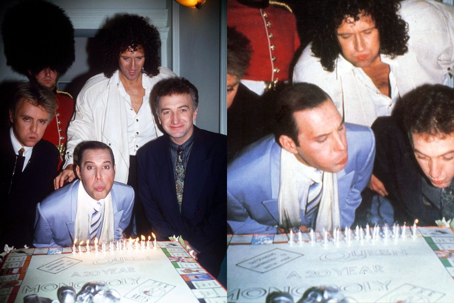 Two combined photos showing the band Queen celebrating their 20-year anniversary with a custom “Queen Monopoly” cake. In the left image, Freddie Mercury leans forward to blow out candles, surrounded by Roger Taylor, Brian May, and John Deacon, with a royal guard figure in the background. In the right image, the band is captured mid-blow from a different angle, highlighting their playful expressions and the decorative cake.
