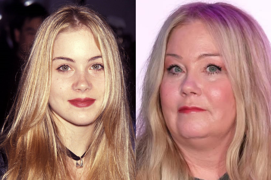 Side-by-side photos of a woman as a young adult and in later life. On the left, she is younger with long, straight blonde hair, wearing red lipstick and a black choker, looking directly at the camera with a calm expression. On the right, she is older with the same long blonde hair, fuller features, soft makeup, and a neutral expression under soft purple lighting at an event.