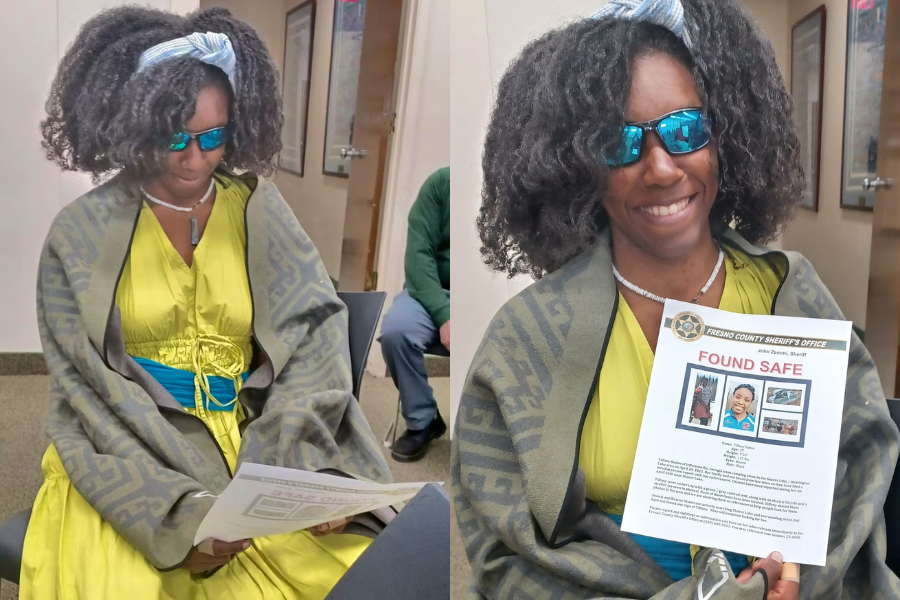 Side-by-side images of a woman wrapped in a green patterned shawl and wearing a yellow dress with a blue sash and sunglasses. In the left image, she looks down at a paper in her lap while seated; in the right image, she smiles while holding a Fresno County Sheriff's Office flyer that reads "FOUND SAFE" with her own photo on it.