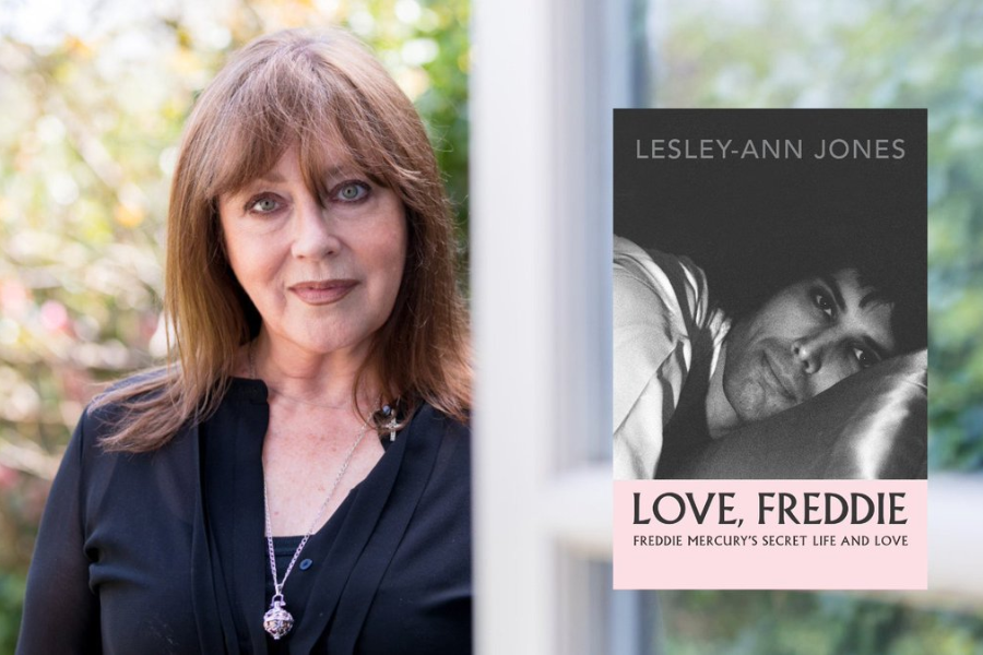 Composite image featuring author Lesley-Ann Jones standing outdoors in natural light beside the cover of her book Love, Freddie: Freddie Mercury's Secret Life and Love. The book cover shows a black-and-white photo of Freddie Mercury lying down, looking directly at the camera with a pensive expression, under bold text.