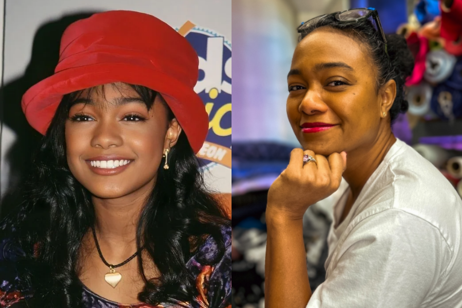Side-by-side photos of a woman in her youth and adulthood. On the left, she is younger with long black hair, a bright smile, wearing a red bucket hat and heart-shaped necklace at a Nickelodeon event. On the right, she is older, smiling softly with natural makeup and red lipstick, wearing a white T-shirt and sunglasses on her head while resting her chin on her hand in a cozy indoor space.