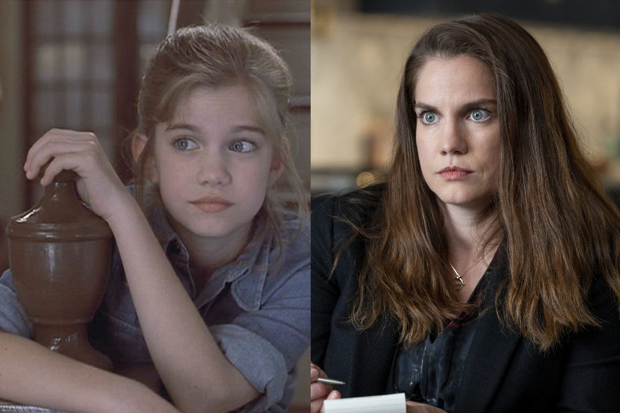 Side-by-side images of a woman as a child actress and as an adult. On the left, she is a young girl with light brown hair in a ponytail, leaning on a wooden bannister while wearing a denim shirt, gazing thoughtfully to the side. On the right, she is older with long, wavy brown hair, intense blue eyes, and a serious expression, dressed in a dark blazer while writing in a notebook during a dramatic scene.