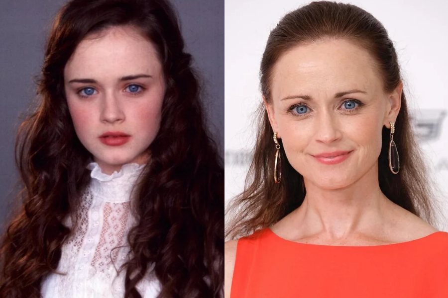 Side-by-side photos of a woman as a young actress and as an adult. On the left, she is youthful with long, curly dark hair, bright blue eyes, and a serious expression, wearing a high-neck white lace blouse in a classic portrait. On the right, she is older with her hair pulled back, wearing drop earrings and a sleeveless bright coral dress, smiling softly at a formal event.