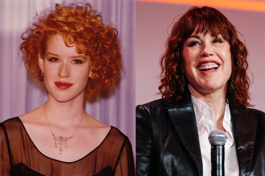 Side-by-side photos of a woman at two stages in life. On the left, she is young with curly red hair, red lipstick, and a sheer black top, posing against a lavender backdrop. On the right, she is older with a similar curly hairstyle in a darker shade, smiling while holding a microphone and wearing a leather jacket over a white shirt at a live event.