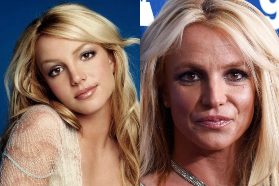 Side-by-side images of a woman at two stages in her life. On the left, she is younger with long blonde hair styled in loose waves, a soft expression, and dewy makeup, wearing a delicate white lace top against a blue background. On the right, she appears older with the same signature blonde hair, more defined features, and a serious expression, dressed in a silver halter-style outfit on a blue carpet backdrop.