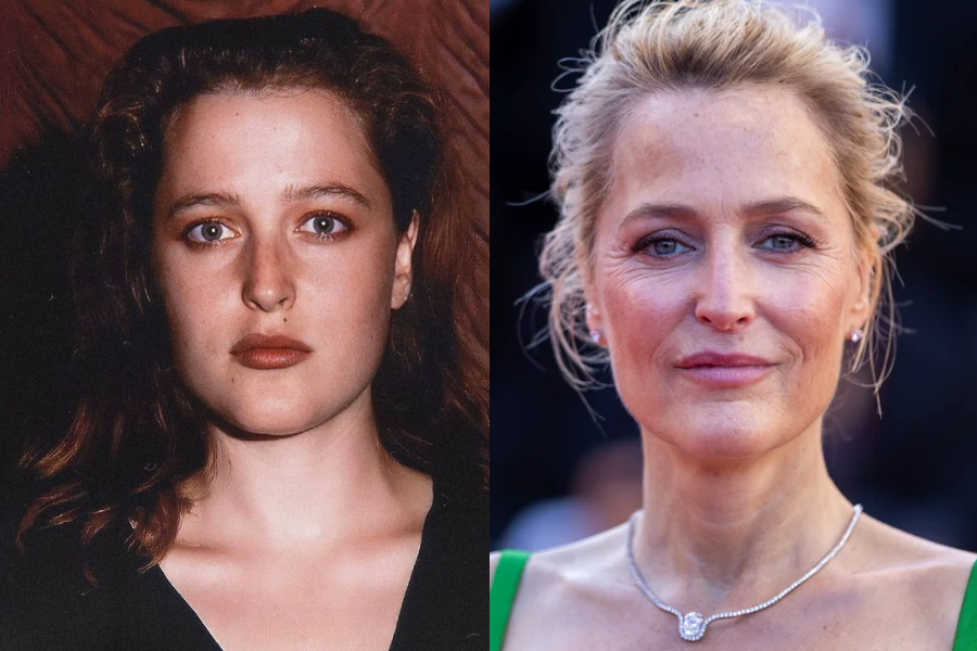 Side-by-side portraits of a woman in her early and later years. On the left, she is younger with auburn hair, minimal makeup, and a serious expression, wearing a dark top against a plain backdrop. On the right, she is older with her blonde hair styled in an elegant updo, wearing natural makeup and a sparkling diamond necklace, smiling subtly at a formal event.