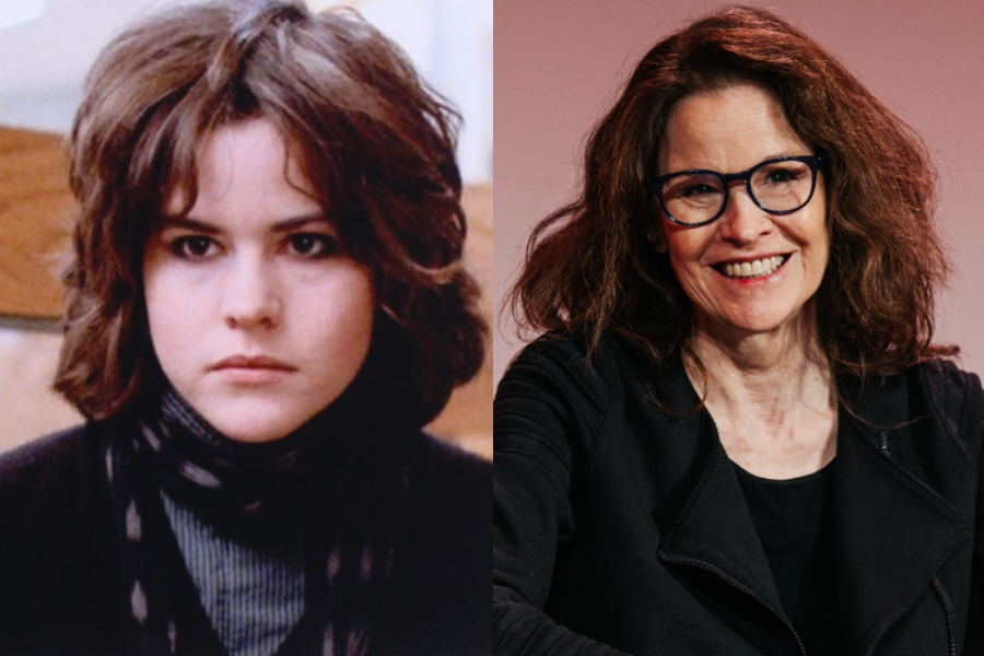 Side-by-side photos of a woman in her youth and later years. On the left, she is younger with dark tousled hair and an intense expression, dressed in black with a scarf, in a famous brooding film role. On the right, she is older with longer curly hair, wearing glasses and a black jacket, smiling warmly during a public appearance or panel discussion.