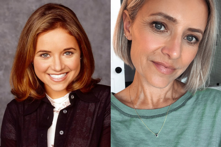 Side-by-side portraits of a woman in her younger and older years. On the left, she is youthful with shoulder-length auburn hair, wearing a black button-down shirt over a white top and smiling brightly in a professional studio photo. On the right, she is older with a stylish chin-length silver-blonde bob, wearing a green top and gold necklace, looking softly into the camera in a casual selfie.