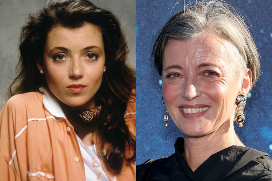 Side-by-side portraits of a woman in her youth and later years. On the left, she is a young woman with long brown hair, pearl earrings, and a thoughtful expression, wearing a peach button-down shirt over a white top. On the right, she is older with short gray hair styled neatly, smiling warmly with statement earrings and a black outfit, standing in front of a blue backdrop.