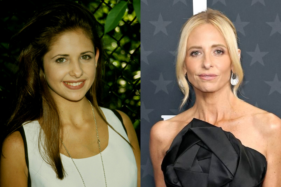 Side-by-side photos of a woman at two points in time. On the left, she appears as a young adult with long brown hair, smiling in a sleeveless white top against a leafy background. On the right, she is older with straight blonde hair in a formal updo, wearing a dramatic black off-shoulder gown and statement earrings, posing at a red carpet event with a star-patterned backdrop.