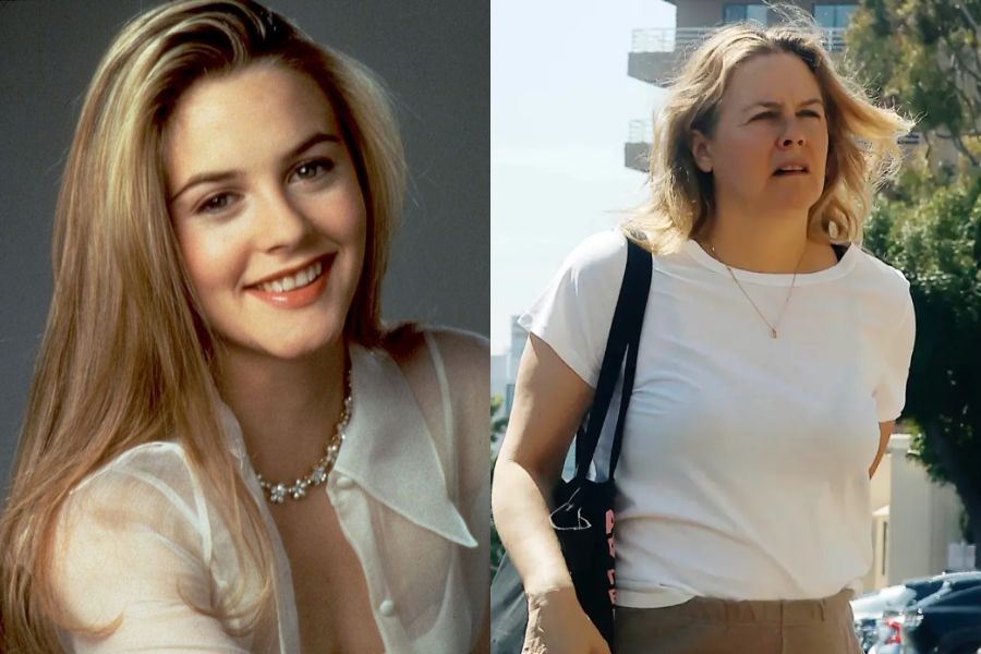 Side-by-side images of a woman in two different stages of life. On the left, she appears as a young adult with long blonde hair, softly smiling in a sheer white blouse and a floral necklace. On the right, she is older with tousled blonde hair, wearing a casual white T-shirt and beige pants while walking outside in daylight, carrying a black tote bag.
