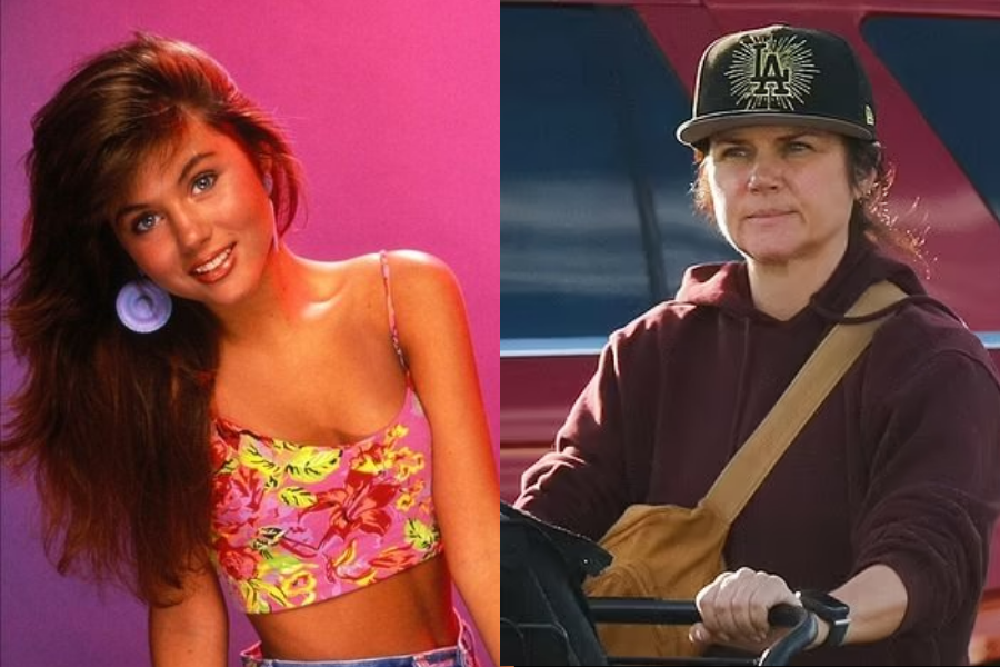 Side-by-side images of a woman at different points in her life. On the left, she appears young with voluminous brown hair, large purple earrings, and a colorful floral crop top against a bright pink backdrop. On the right, she is older, wearing a dark hoodie and a black LA baseball cap, pushing a stroller while out casually with no makeup and a neutral expression.