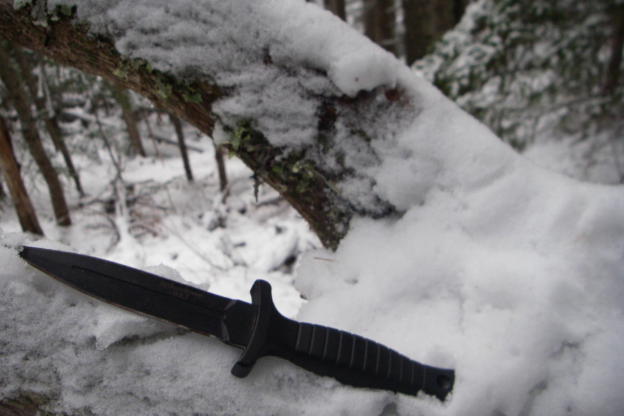 A black tactical knife rests on a snow-covered log in a wintry forest, with snow-laden trees and branches visible in the background. The knife’s handle features textured grip grooves, and the blade has "Smith & Wesson" branding faintly visible.