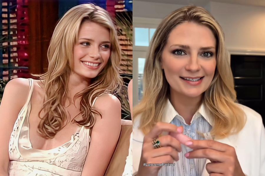 Side-by-side comparison of a woman at two stages of her life. On the left, she is younger with long blonde hair, smiling brightly while wearing a low-cut white lace top during a talk show appearance. On the right, she is older with styled blonde hair, smiling warmly in a white blouse and blazer, holding a product in a promotional setting labeled “#LancomePartner.”