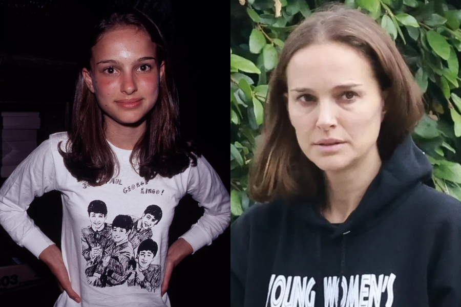 Side-by-side images of a woman as a teenager and as an adult. On the left, she is young with long dark hair, hands on her hips, wearing a white long-sleeve shirt printed with cartoon-style Beatles members and smiling softly. On the right, she is older with a bare face and a serious expression, dressed casually in a black hoodie that reads “Young Women’s…” partially visible, walking outdoors near green foliage.