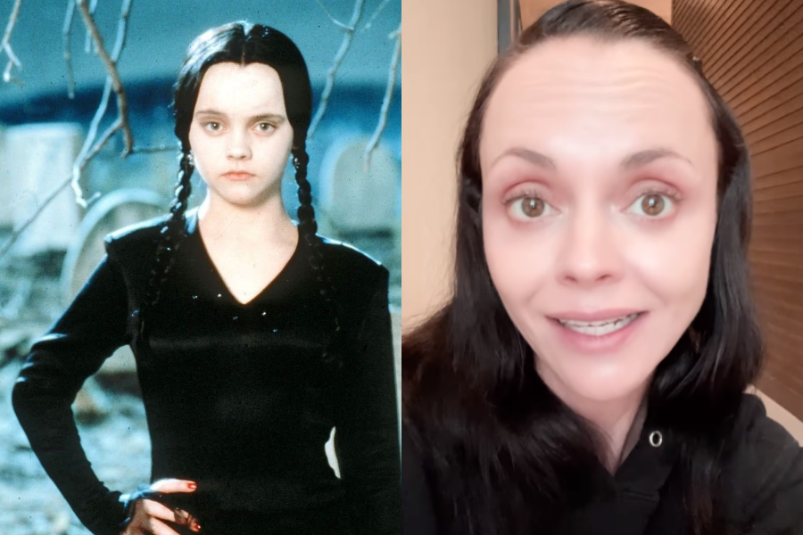 Side-by-side comparison of a woman as a child and adult. On the left, she’s dressed as Wednesday Addams in a black dress with long braided pigtails, standing solemnly in a spooky forest set. On the right, she appears as an adult with loose dark hair, wearing a black hoodie, smiling casually in a warmly lit indoor space.